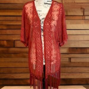 Boho Lace Cardigan Fringe Short Sleeve Dark Orange Size L
Color is more pale.